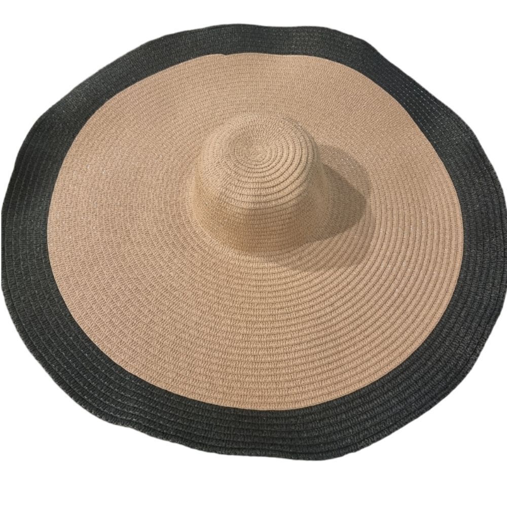 NEW xl big floppy tan and black straw flexible sun beach hat